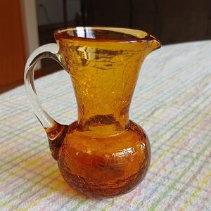Amber Crackle Hand Blown Glass Creamer Pitcher 3.75"H